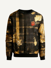 Stylish plaid crew neck sweatshirt with dazzling gold splatter pattern