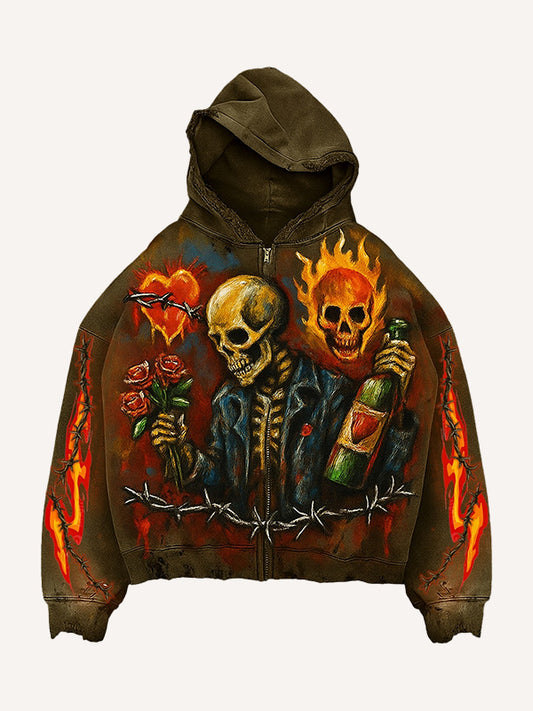 Hand-painted distressed flaming skull sweatshirt