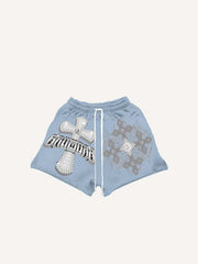 Cross&Fire&Letter Faux Rhinestones Print Drawstring Waist Shorts