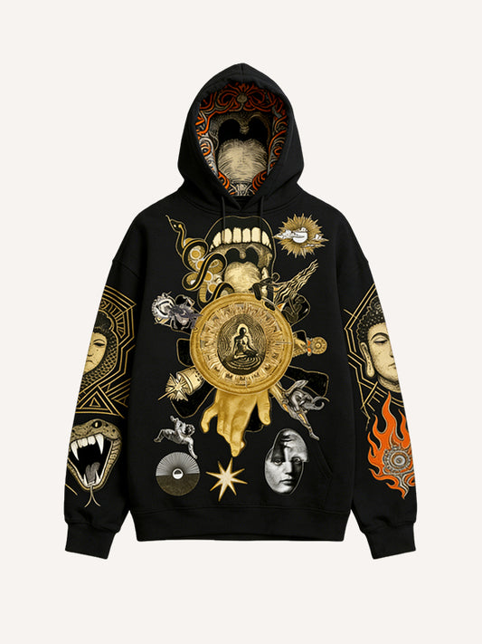 Hoodie with a design featuring faith in the Holy Light and ancient symbols