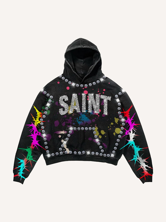 High-end hooded sweatshirt with rhinestone pattern