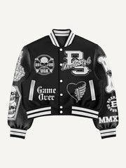 Skull patchwork handsome motorcycle style print baseball jacket