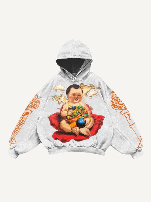 Hand-painted Fuwa hoodie attracting wealth and fortune