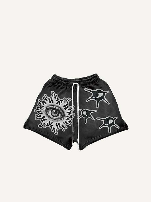 Eye Faux Decal Print Drawstring Waist Shorts