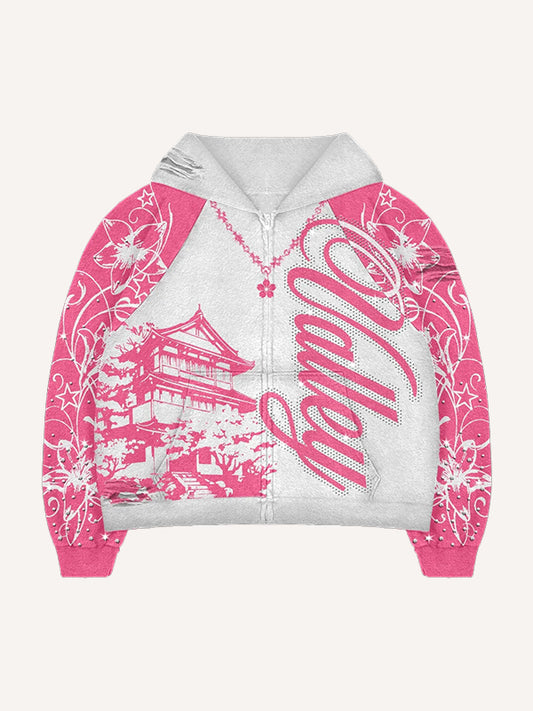 Hand-painted floral zip-up sweatshirt