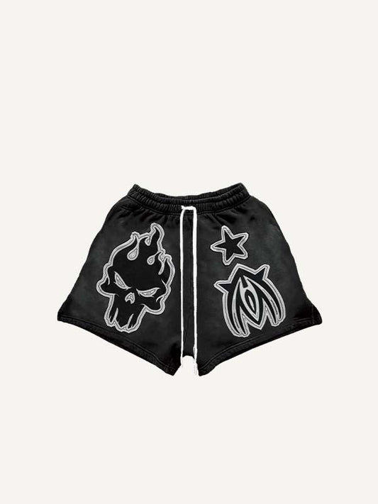 Skull&Graphic Print Drawstring Waist Shorts