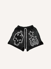 Skull&Graphic Print Drawstring Waist Shorts