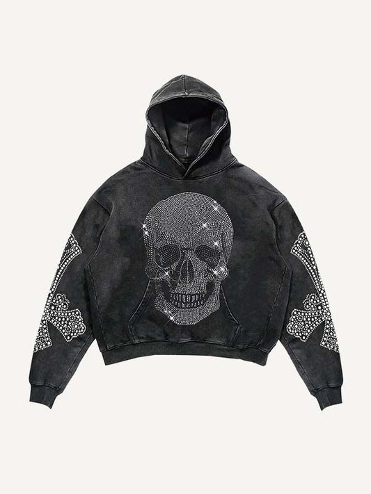 Skull&Wing&Cross Faux Rhinestones Print Slant Pockets Hoodie