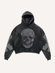 Skull&Wing&Cross Faux Rhinestones Print Slant Pockets Hoodie