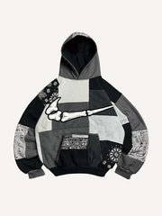 Colorblock Skeleton Paisley Letter Faux Decal Print Slant Pockets Hoodie