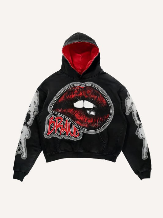Red Lip Applique High-End Double Sleeve Printed Sweatshirt