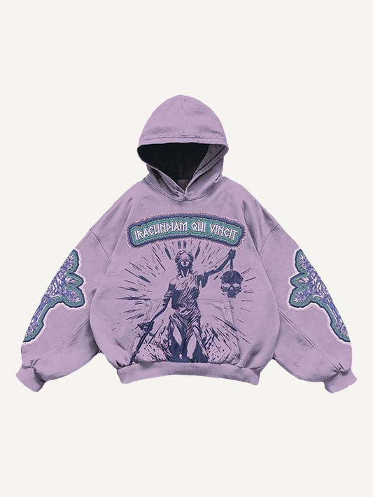 Figure Cross Letter Faux Decal Print Slant Pockets Hoodie