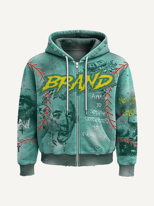 High-end washed distressed print trendy sweatshirt