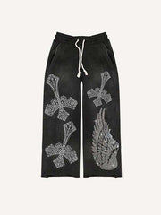 Cross&Wing Faux Rhinestones Print Elastic Waist Pants