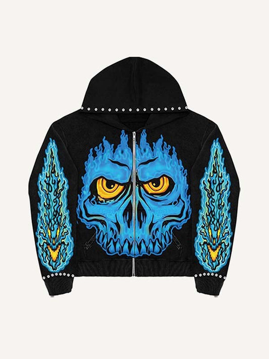 Skeleton&Fire Print Zip Up Hooded Coat