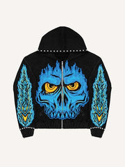 Skeleton&Fire Print Zip Up Hooded Coat