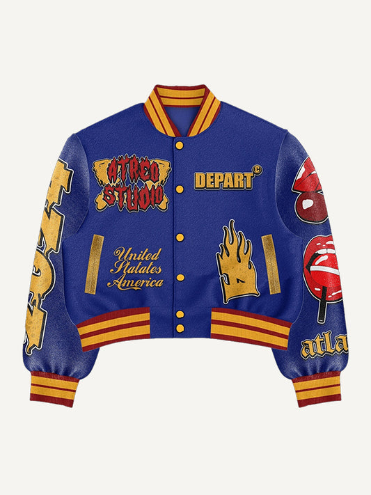 Trendy patchwork personalized lightweight printed red lip baseball jacket