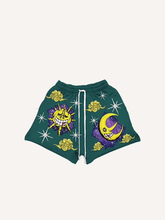 Evil Sun&Moon&Cloud&Graphic Print Drawstring Waist Shorts