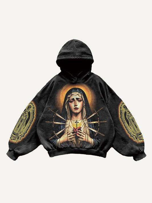 Mary Pray Cross Wing Graphic Heart Print Slant Pockets Hoodie