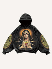 Mary Pray Cross Wing Graphic Heart Print Slant Pockets Hoodie