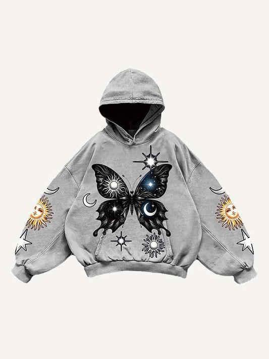 Butterfly Sun Moon Graphic Print Slant Pockets Hoodie