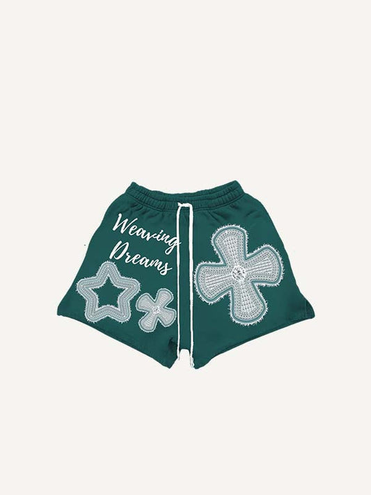 Cross&Star Faux Decal Faux Rhinestones Print Drawstring Waist Shorts