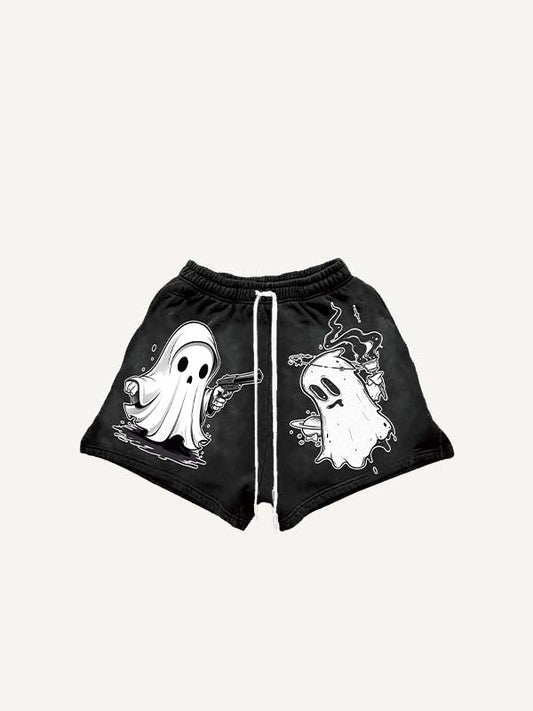 Halloween Ghost&Pistol&Graphic Print Drawstring Waist Shorts