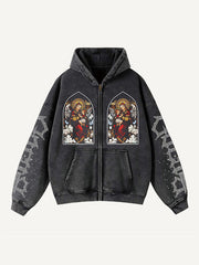 Figure&Letter&Cross Faux Rhinestones Print Zip Up Hooded Coat