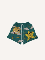 Evil Moon&Sun&Star&Eye&Cloud Print Drawstring Waist Shorts
