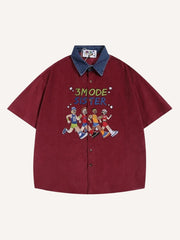 Figure&Letter Embroidery Splicing Denim Collar Shirt