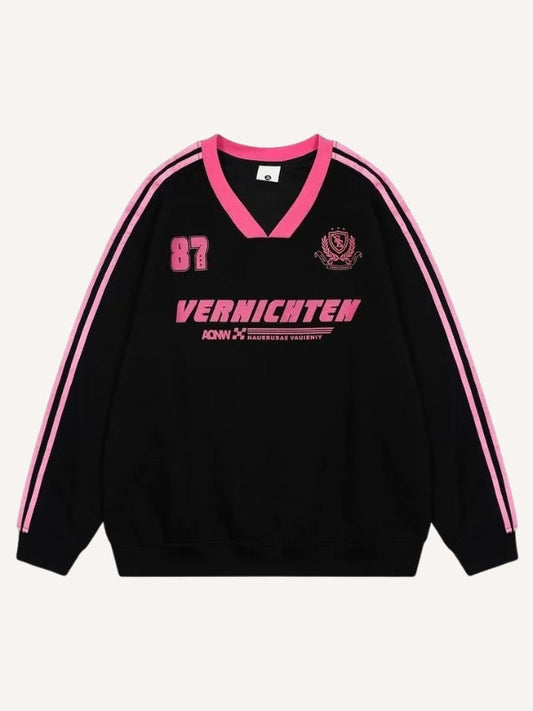 Letter&Stripe Print V Neck Knit Sweater