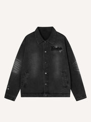 Distressed Washed Letter Embroidery Denim Jacket
