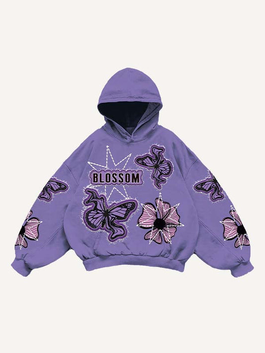 Butterfly&Floral Faux Decal Print Slant Pockets Hoodie