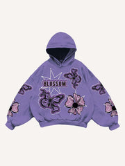 Butterfly&Floral Faux Decal Print Slant Pockets Hoodie