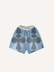 Cross Print Drawstring Waist Shorts