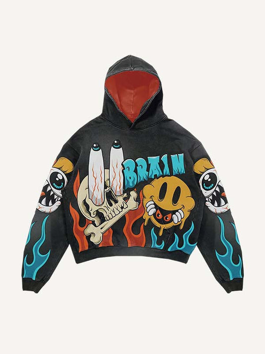 Skull&Eyeball&Fire&Smiley Face Print Slant Pockets Hoodie
