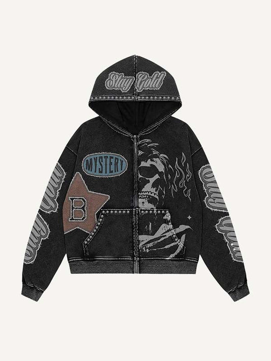 Skeleton&Star&Letter Faux Decal Print Zip Up Hooded Coat