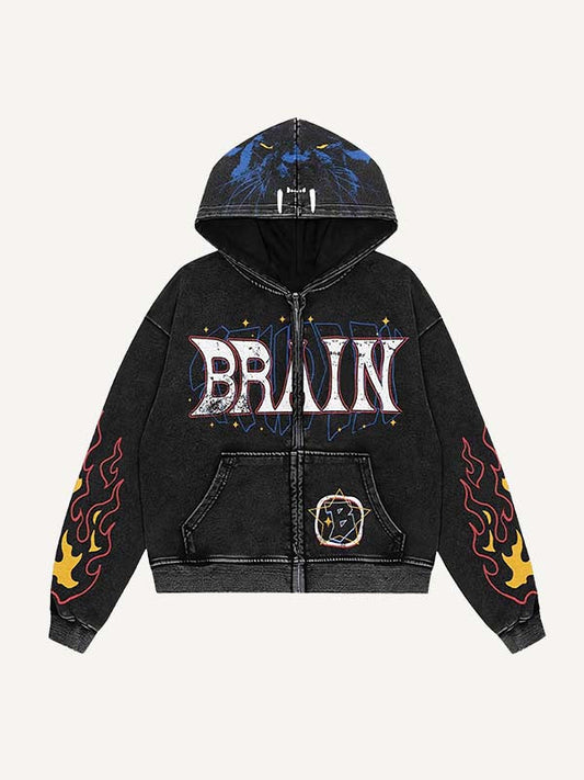 Leopard&Fire&Letter Print Zip Up Hooded Coat