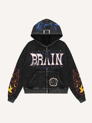 Leopard&Fire&Letter Print Zip Up Hooded Coat