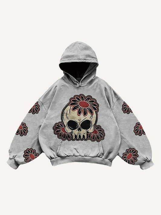 Skull Floral Heart Print Slant Pockets Hoodie