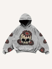 Skull Floral Heart Print Slant Pockets Hoodie