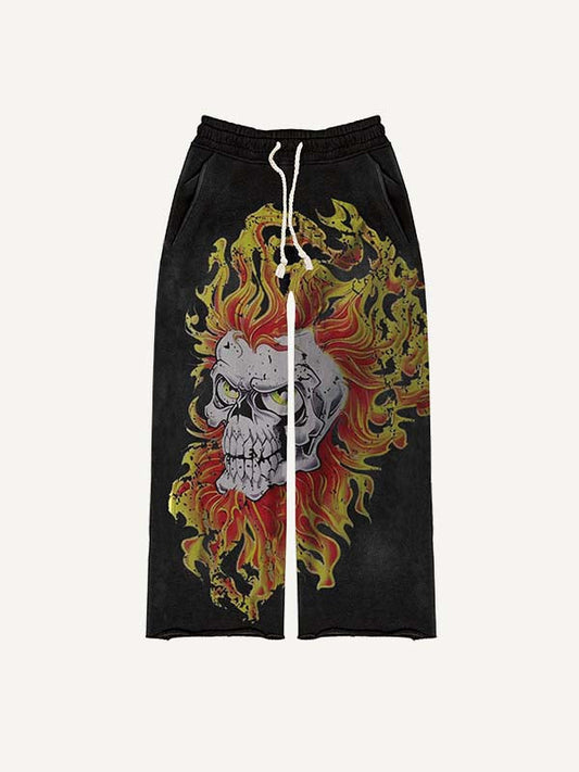 Skull Fire Print Elastic Waist Pants