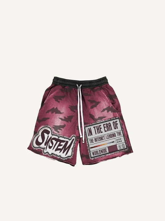 Letter&Graphic Faux Decal Print Drawstring Waist Shorts