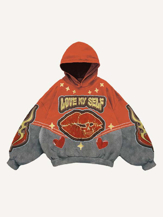 Colorblock Lips Fire Heart Letter Faux Decal Print Slant Pockets Hoodie