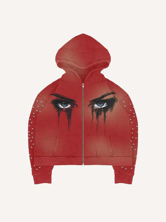 Eye&Graphic Print Zip Up Hooded Coat