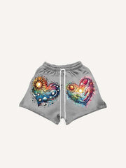 Heart&Sun&Graphic Print Drawstring Waist Shorts