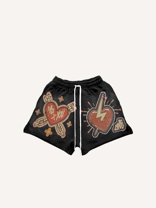 Heart Graphic Letter Faux Decal Print Drawstring Waist Shorts