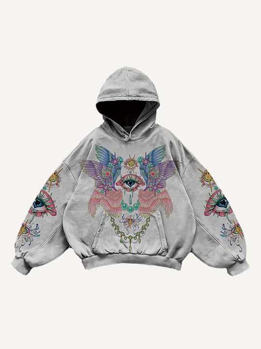 Eye Wing Print Slant Pockets Hoodie