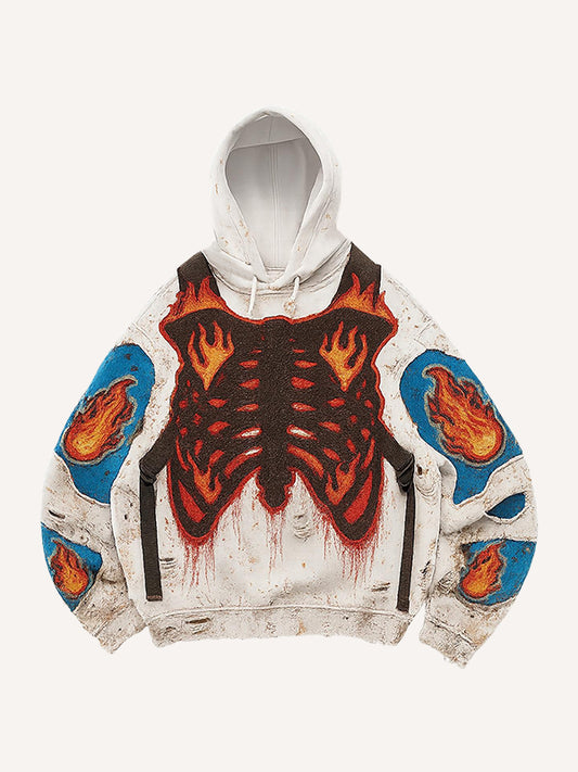 Washed flame skull patchwork sweatshirt