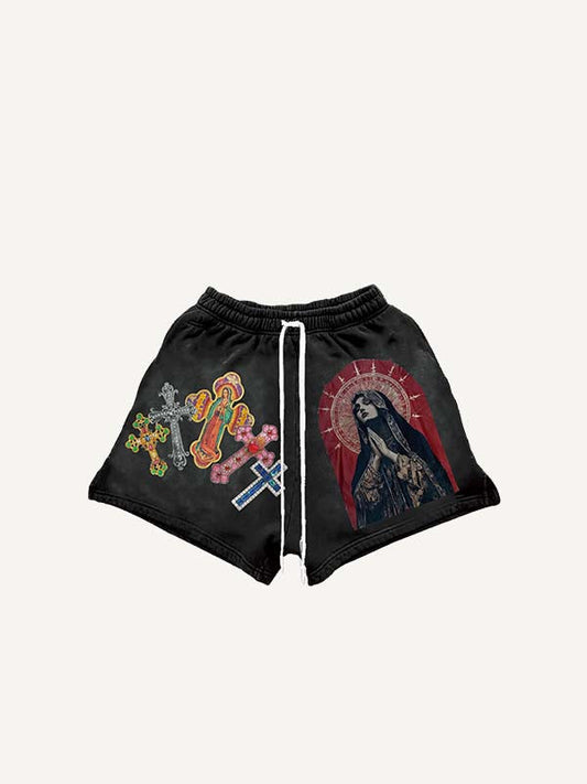 Mary Pray Cross Print Drawstring Waist Shorts